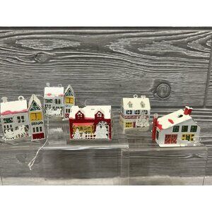 Joybrite Ornaments Christmas Light Covers Lot of 5 Small Metal Houses Vintage